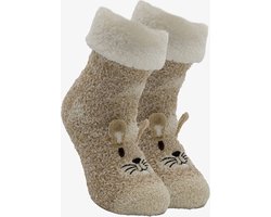 1 paar kinder huissokken konijn met antislip - Beige - Maat 23/26