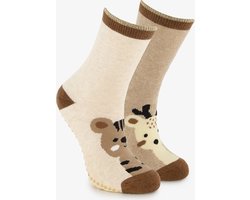 2 paar kinder antislip sokken met dieren bruin - Maat 27/30