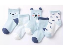 5 paar New born Baby sokken - set babysokjes - 0-6 maanden - Blauwe Beren sokken - Babysokken - Multipack - Dierensokken - Kraamcadeau voor Jongen of Meisje - Babyshower Cadeau - Kraammand