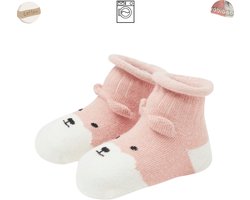 Babysokken - Roze Beertje - Katoen - Antislip - 0-12 maanden - Babysokjes - Baby Slofjes - Kraamcadeau - Baby Cadeau