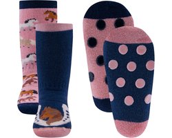 Ewers Antislipsok - 2-Pack - Paarden Diverse Kleuren & Hoefijzer/Paard - Roze & Donkerblauw - Antislipnopjes - maat 27/30