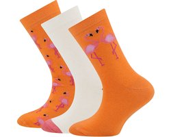 Ewers Sokken - 3-Pack - Oranje & Roze Flamingo's - Effen Wit & Roze-35/38