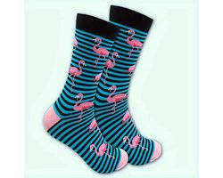 Gestreepte Flamingo Sokken | Grappige Sokken | happy socks | One Size (35-38) | Blauw | Grappig | Cadeau Tip | Kadotip | Kinder Sokken