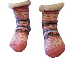 Huissokken - Kerstsokken - Wintersokken - Warme wintersokken - Thermo - Gevoerd - Meisjes - Kleur Roze met Wintermotief - Maat 32/35 - Antislip - Cadeau - Kerst