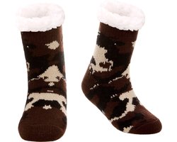 JAXY - Huissokken Dames - Verwarmde Sokken - Anti Slip Sokken - Huissokken - Bedsokken - Warme Sokken - Kerstcadeau Voor Vrouwen - Thermosokken - Dikke Sokken - Fluffy Sokken - Kerstsokken Dames en Heren - Maat 28-31 - Camo Bruin