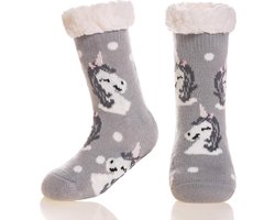 JAXY - Huissokken Kinderen - Verwarmde Sokken - Anti Slip Sokken - Huissokken - Bedsokken - Warme Sokken - Kerstcadeau Voor Kinderen - Thermosokken - Dikke Sokken - Fluffy Sokken - Kerstsokken - Maat 32-35 - Unicorns Grijs