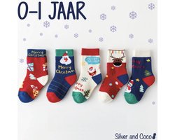 SilverAndCoco® - 5 Paar Baby Kinder Kerstsokken 0 tot 1 Jaar / Vrolijke Happy Kerst Sokken Kerstman / Leuke Grappige Dikke Warme Huissokken Kerstcadeau kinderen / Sint Sinterklaas Schoen Wintersokken jongens meisjes Kleding Cadeautje Kind Sokjes