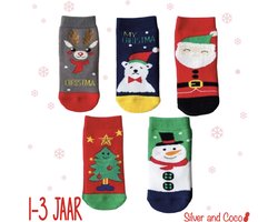 SilverAndCoco® - 5 Paar Kinder Kerstsokken 1 2 3 Jaar / Vrolijke Happy Kerst Sokken Kerstman Rendier / Leuke Grappige Dikke Warme Huissokken Kerstcadeau kinderen / Sint Sinterklaas Schoen / Wintersokken jongens meisjes Kleding Cadeautje Kind - Sokjes