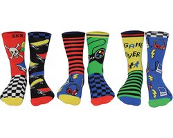 Sokken voor jongens - Oddsocks - Mismatched sokken - GAME OVER - Cadeaudoos met 6 verschillende jongenssokken - maat 30,5 tot 38