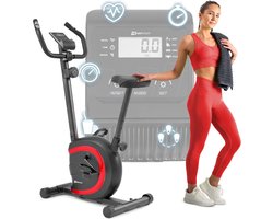 Hop-Sport hometrainer HS-015H, compacte hometrainer geschikt voor senioren, fiets ideaal om thuis te trainen, polssensoren & antislippedalen, Rood