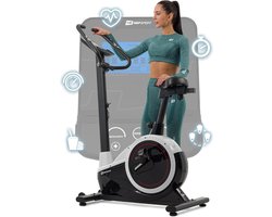 Hop-Sport hometrainer HS-060H Exige - ergometer met tablethouder, 12 trainingsprogramma's, 16 weerstandsniveaus - verstelbaar stuur en zadel - fitnessfiets max. gebruikersgewicht 120 kg Zilver