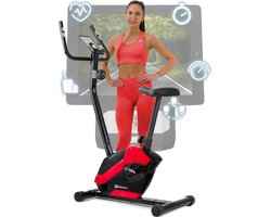 Hop-Sport HS-045H EOS hometrainer voor thuis - compacte fitnessfiets met polssensoren en tablethouder - fitnessfiets met trainingscomputer voor een max. gebruikersgewicht van 120kg, Rood