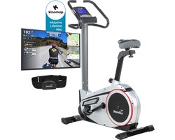 Skandika Morpheus Ergometer – Hometrainer – Ergometer, 12 kg vliegwielsysteem, 32 niveaus, 15 programma's, app compatibel met Kinomap, hartslagband, tablethouder - Indoorfiets tot max. Gebruikersgewicht 150 kg – 117x67x162cm (LxBxH) – zilver/zwart