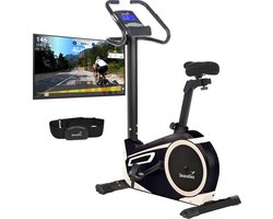 Skandika Morpheus Ergometer – Hometrainer – Ergometer, 12 kg vliegwielsysteem, 32 niveaus, 24 programma's, app compatibel met Kinomap, hartslagband, tablethouder - Indoorfiets tot max. Gebruikersgewicht 150 kg – 103x56x144cm (LxBxH) – beige/zwart