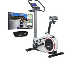 Skandika Morpheus Hometrainer Fiets – Hometrainer fitness – Hometrainer ergometer fitnessbike, hometrainer met bediening en Street View functie, polsslagband, 32 instelbare weerstanden en multifunctionele computer met calorieverbruik – zwart/zilver