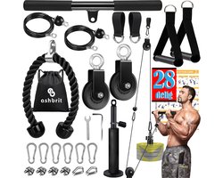 Ashbrit® Fitness kabelsysteem XL Pro – 28 Delige set - Professioneel kwaliteit - Dubbele katrollen systeem- Krachttraining - Lat pulley - Dual pulley system - Krachtstation