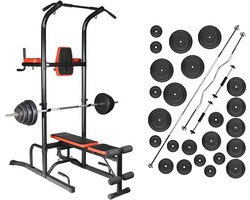 Dip Rack Halterbank  - Pull up Toren - Dip Station - Push Up Bar inc. 105 kg GEWICHTEN + Sportbank Fitnessbank + halterschijven + 4 halterstangen - multifunctioneel - volledig instelbaar - Opklapbaar