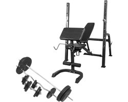 Gorilla Sports Halterbank met Squat Rack + 100 kg set - Halterstang met gewichten - Zwart - 30 mm