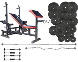 Halterbank INC. 105 kg GEWICHTEN - Sportbank - Fitnessbank + halterschijven + Halterstang curl + Halterstang recht + 4 dumbbell stangen-  multifunctioneel - volledig instelbaar - Opklapbaar