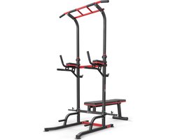 Hop-Sport Power Tower HS-2015K met dipstation, multifunctionele krachttoren met optrekstang en inklapbare gewichtsbank, Gewichtsstation met max. belasting 150 kg, Krachttraining Trainingsapparatuur