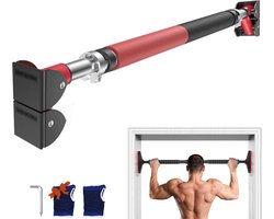 IGOODS - Pull up bar - Incl. Fitness Handschoenen - Multifunctionele Optrekstang - 72-92 cm Verstelbaar in Lengte - 300kg Belastbaar - Zwart & Rood