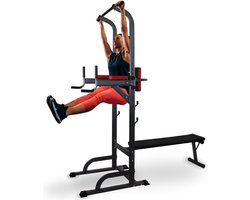 Mobiclinic Domifit - Pull Up Station met Fitnessbank - Krachtstation - 9 in 1 - Dip Station - Pull Up Bar - Home Gym - Max. capaciteit 250kg - Verstelbare hoogte - Antislip - Opvouwbaar - Rek voor halterstang - Multifunctioneel - Antislip