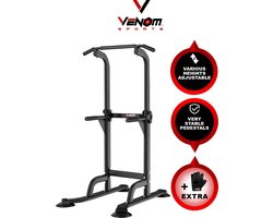 Venom Sports Krachtstation - Multifunctioneel trainingsrek - Power tower met Pull up bar – Fitness apparaat krachttraining – Anti-slip handvaten – Super stabiel – In hoogte verstelbaar – B75xL82xH165-210 cm – Zwart