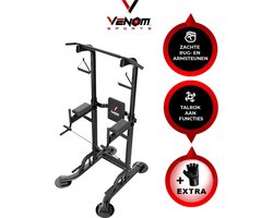 Venom Sports Krachtstation - Multifunctioneel trainingsrek - Power tower met Pull up bar – Fitness apparaat krachttraining – Anti-slip handvaten – Super stabiel – In hoogte verstelbaar – B97xL90xH155-230 cm – Zwart