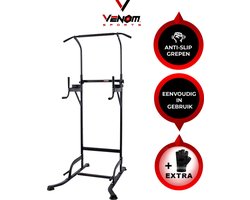 Venom Sports Krachtstation - Multifunctioneel trainingsrek - Power tower met Pull up bar – Fitness apparaat krachttraining – Anti-slip handvaten – Super stabiel – In hoogte verstelbaar – Zwart - 105x86x223cm