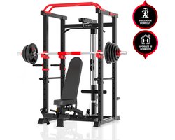 Viper Sports Extreme Krachtstation – Multifunctioneel trainingsrek – B110.5xL125.5xH206 cm – Power tower – Fitness apparaat krachttraining – Anti-slip handvaten – Squad rack – Zwart/Rood