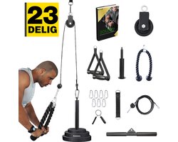 Zoluko Home Fitness Kabelsysteem 23-delige set - Incl. E-book - Krachtstation voor Thuis Sporten - Incl. Triceps Touw, Biceps Stang en Handgrepen - 100kg Draagkracht - Eenvoudige Bevestiging - Krachttraining - Lat Pulley - Home Gym - Zwart/Zilver