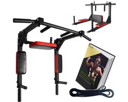 Zoluko Professionele Dip & Pull Up Bar Wandmontage - Incl. Weerstandsband Medium en E-book - 200kg Draagkracht - Dip Station - Eenvoudige Bevestiging - 2 in 1 Pull Up Station en Dip Station - Optrekstang Fitness - Dip Bars - Chin Up Bar - Zwart/Rood