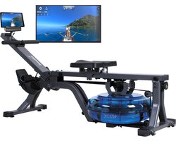 Skandika Nemo Compact Water Roeimachine – Water Roeimachine – Roeiapparaat – Roeitrainer fitness voor thuis, met instelbare waterweerstand – Roeier met max. 130/150 kg Gebruikersgewicht, App compatibel met Kinomap – Roeimachines – zwart/blauw