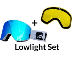 Luxe Magnetische Snowboardbril / Skibril SET - Blauwe Lens & Lowlight Lens (Slecht weer-lens) Wit Frame + Beschermcase & Microfiber hoes - PolarShred - Anti fog - Cat.3 - 100% UV Bescherming - VLT 16%