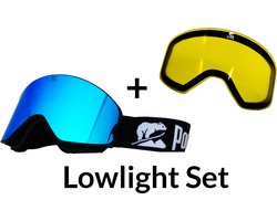 Luxe Magnetische Snowboardbril / Skibril SET - Blauwe Lens & Lowlight Lens (Slecht weer-lens) Zwart Frame + Beschermcase & Microfiber hoes - PolarShred - Anti fog - Cat.3 - 100% UV Bescherming - VLT 16%