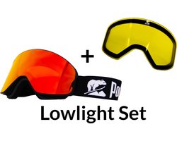 Luxe Magnetische Snowboardbril / Skibril SET - Rode Lens & Lowlight Lens (Slecht weer-lens) Zwart Frame + Beschermcase & Microfiber hoes - PolarShred - Anti fog - Cat.3 - 100% UV Bescherming - VLT 16%