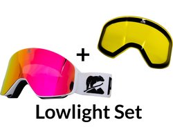 Luxe Magnetische Snowboardbril / Skibril SET - Roze Lens & Lowlight Lens (Slecht weer-lens) Wit Frame + Beschermcase & Microfiber hoes - PolarShred - Anti fog - Cat.3 - 100% UV Bescherming - VLT 16%