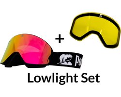 Luxe Magnetische Snowboardbril / Skibril SET - Roze Lens & Lowlight Lens (Slecht weer-lens) Zwart Frame + Beschermcase & Microfiber hoes - PolarShred - Anti fog - Cat.3 - 100% UV Bescherming - VLT 16%