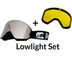 Luxe Magnetische Snowboardbril / Skibril SET - Zilvere / Spiegel Lens & Lowlight Lens (Slecht weer-lens) Zwart Frame + Beschermcase & Microfiber hoes - PolarShred - Anti fog - Cat.3 - 100% UV Bescherming - VLT 16%