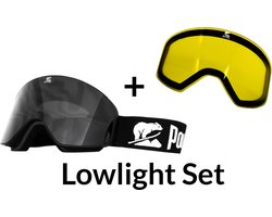 Luxe Magnetische Snowboardbril / Skibril SET - Zwarte Lens & Lowlight Lens (Slecht weer-lens) Zwart Frame + Beschermcase & Microfiber hoes - PolarShred - Anti fog - Cat.3 - 100% UV Bescherming - VLT 16%