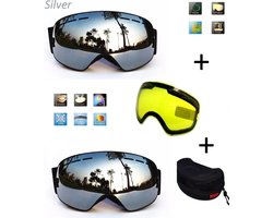 Ski bril met box en EXTRA lens Smoke Zilver frame Zwart F type 7 Cat. 0 tot 4 - ☀/☁